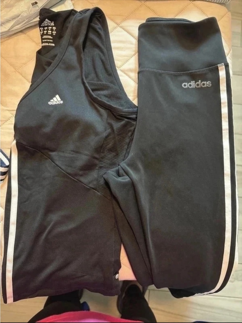 adidas Black Women's Tank & Leggings Set with White Stripes